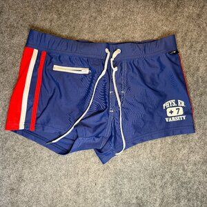 Andrew Christian Men’s Swim Trunks Blue Varsity Style Fits Medium